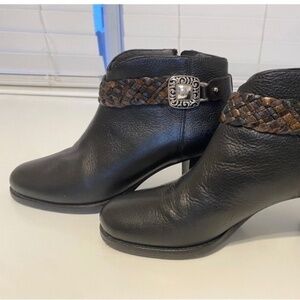 Brighton Black Leather Braided Silver Metal Accent Zip Heel Ankle Booties US 9